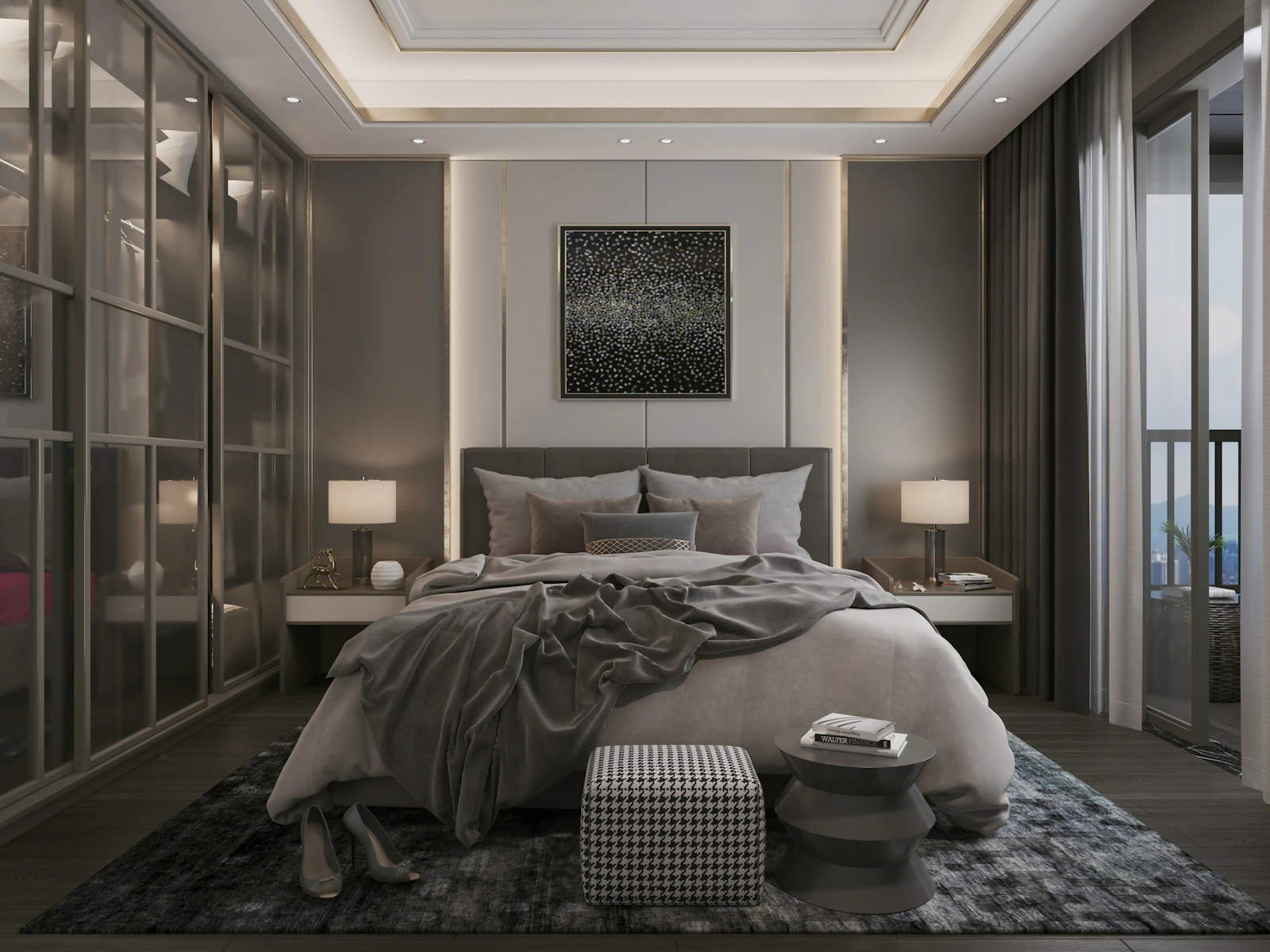 Bedroom with a stone-clad headboard wall