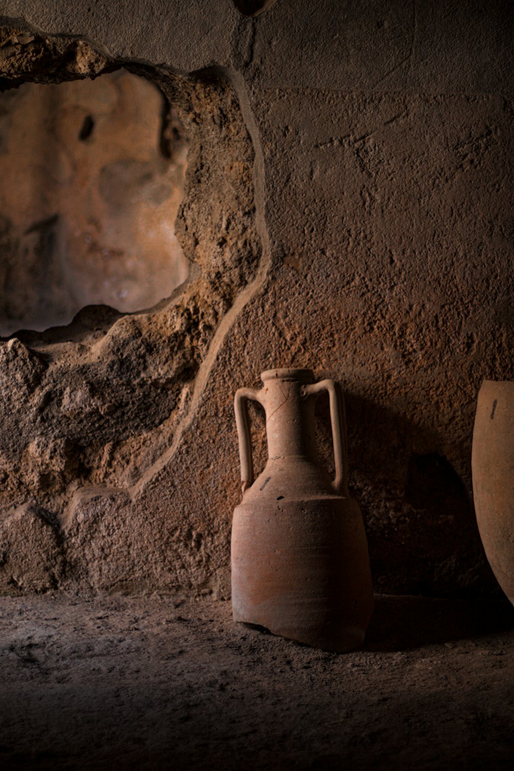 a vase sits in front of a rock wall