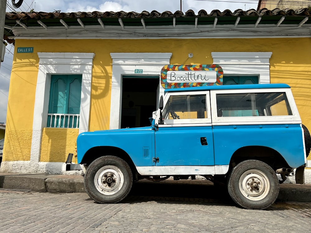 a blue and yellow van