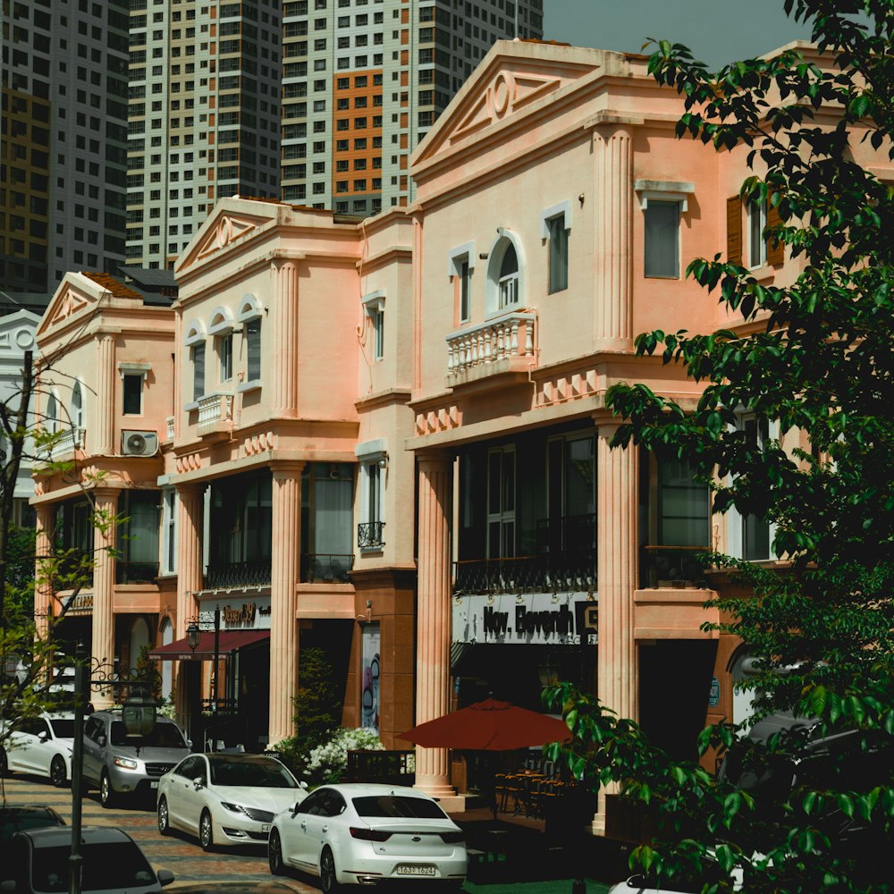 a street with cars and buildings