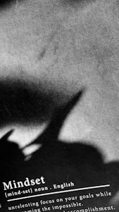 A textured surface in grayscale with the shadow of a plant or object creating an abstract pattern. The bottom of the image contains text defining the word 'Mindset', alongside a description about focus and accomplishment.