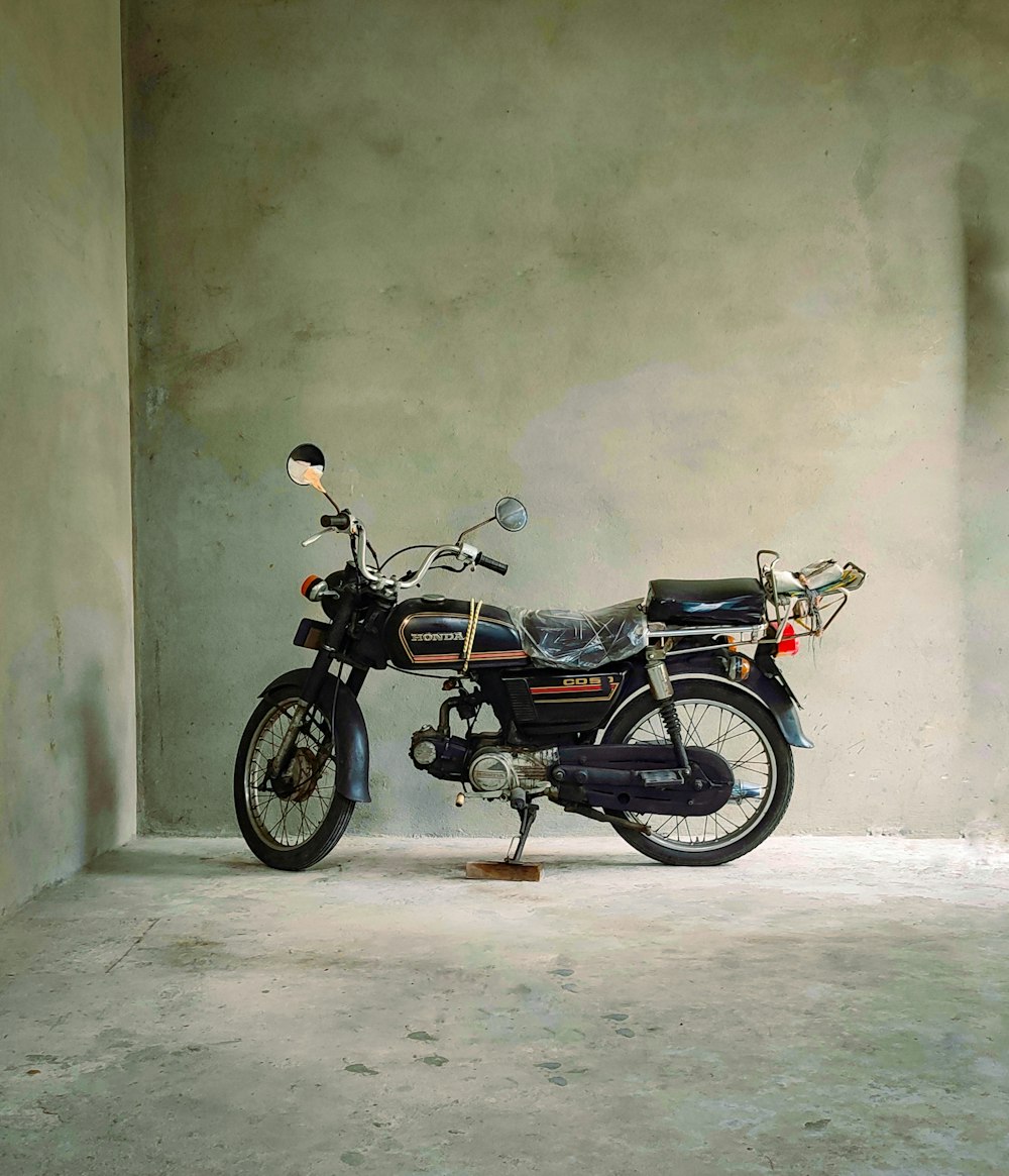 a motorcycle parked in a garage