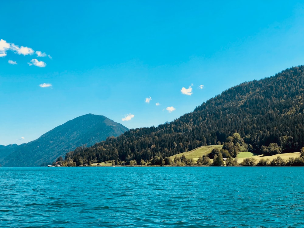 a body of water with trees and mountains in the background