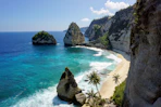 a beach with rocks and trees