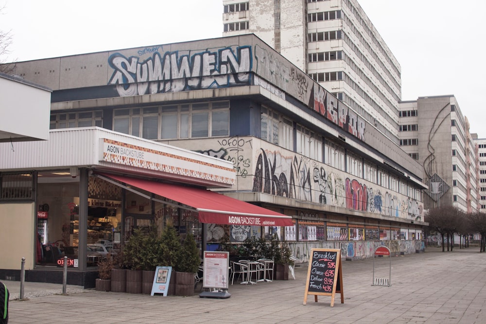 a building with a sign in front