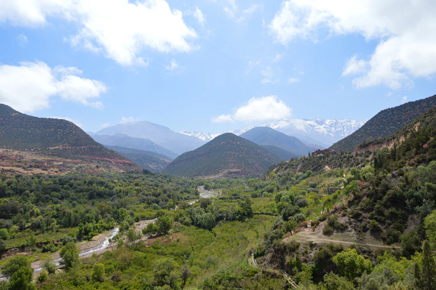 A lush green river valley in the High Atlas foothills near Marrakech, terraced slopes rising to snow-capped peaks in the distance
