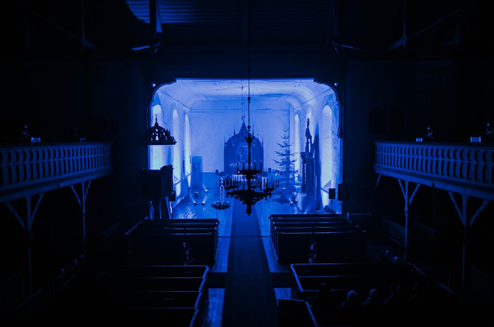 a large church with blue lights