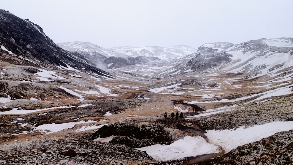 a group of people walking on a rocky terrain