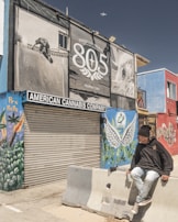 A man is sitting on a concrete barrier in front of a storefront with a closed shutter. The building has vibrant murals, including cannabis plants and pre-rolled joints, with a large advertisement reading 'Firestone Walker Brewing Company 805, Properly Chill'. There's an airplane visible in the sky above.