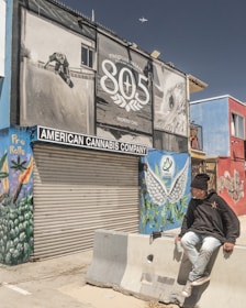 A man is sitting on a concrete barrier in front of a storefront with a closed shutter. The building has vibrant murals, including cannabis plants and pre-rolled joints, with a large advertisement reading 'Firestone Walker Brewing Company 805, Properly Chill'. There's an airplane visible in the sky above.