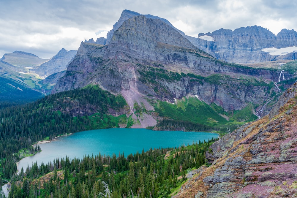 a lake surrounded by mountains