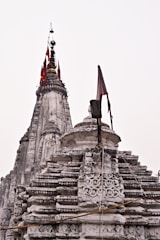 An intricately designed stone temple with ornate carvings and layered structures. The spire is topped with flags of red and gold, adding vertical contrast to the weathered stone. The architecture reflects traditional styles common in historical sites.