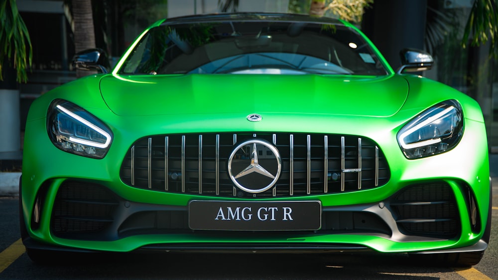 the front of a green car