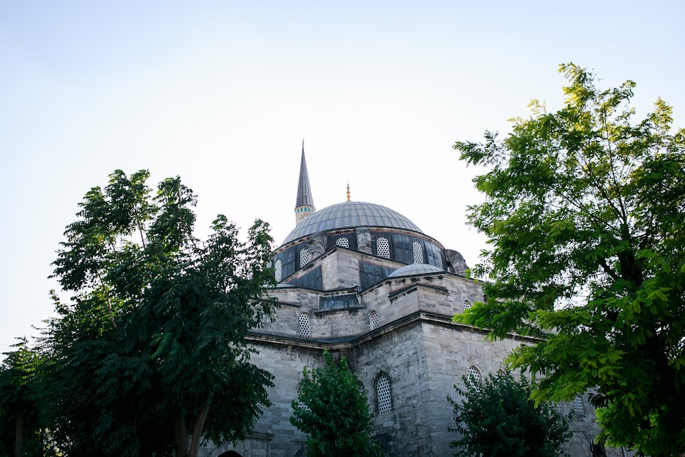 a building with a dome roof and trees in front of it