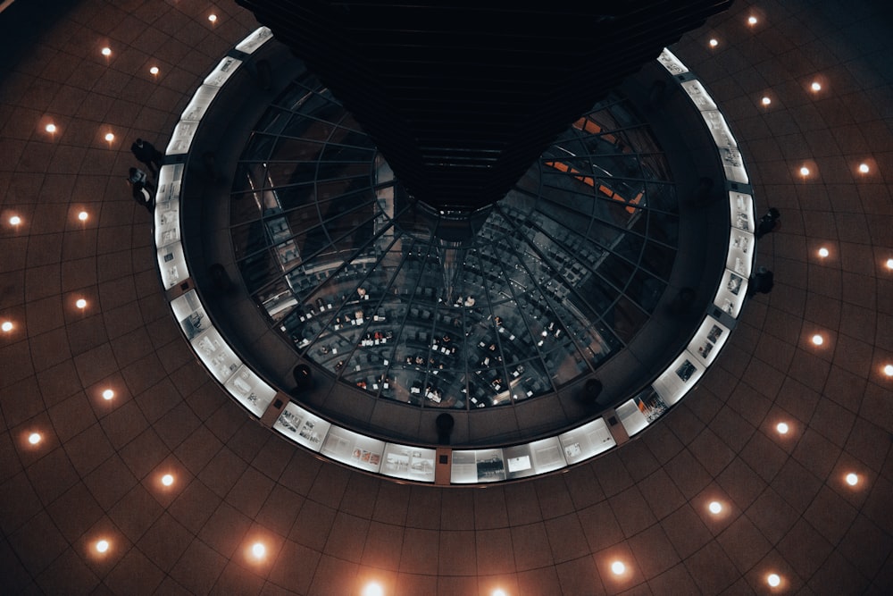 a spiral staircase with lights