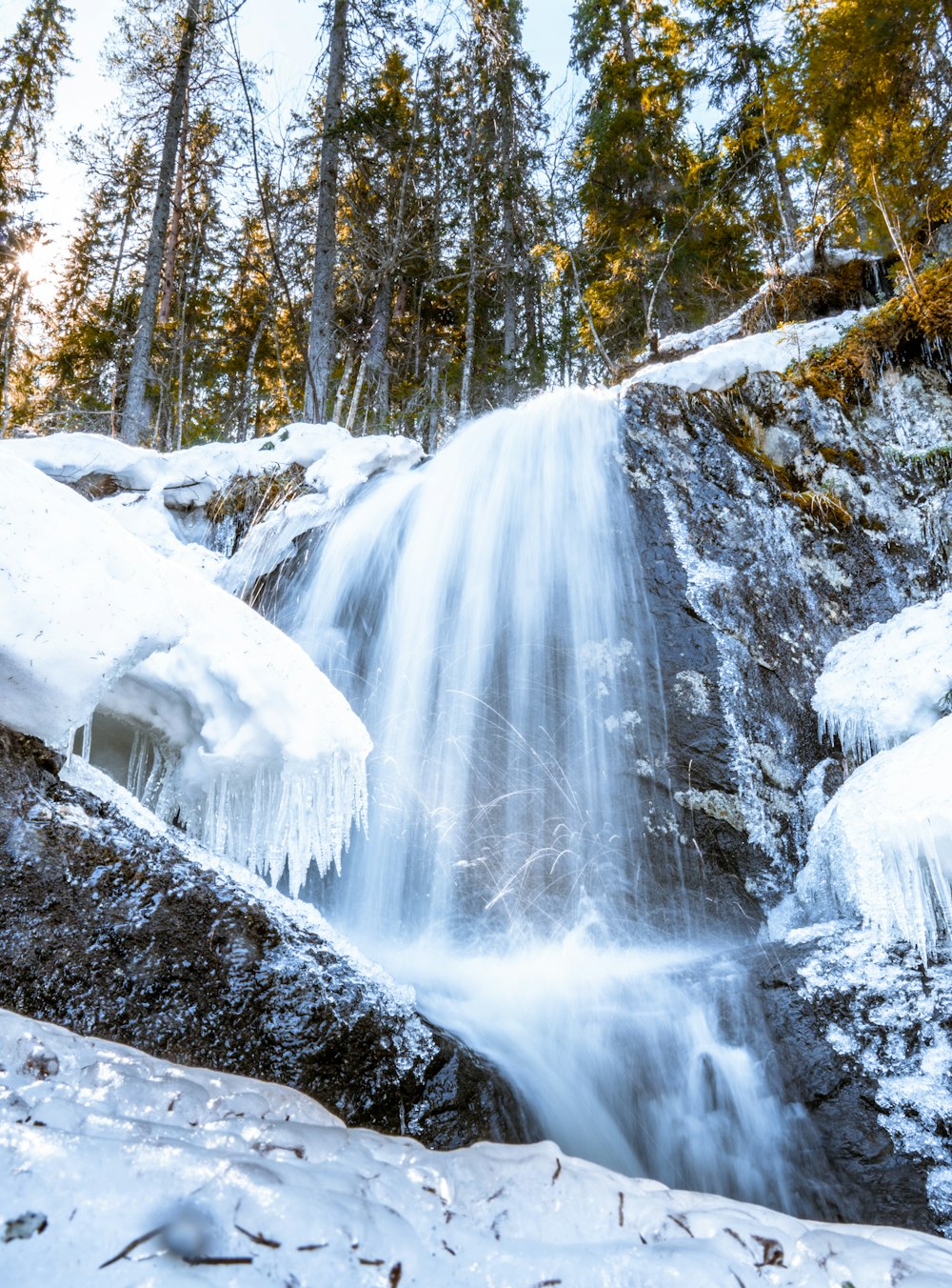 a small waterfall in a snowy forest