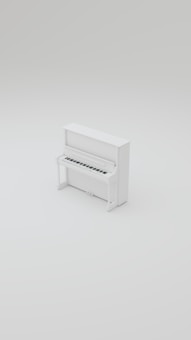 A minimalist white upright piano stands alone against a light, monochromatic background, emphasizing its clean lines and modern design.
