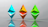 Three three-dimensional geometric shapes resembling Ethereum logos, each in different colors, are aligned horizontally. The shapes have reflections on the glossy surface below them, and the background is a smooth gradient with a subtle gray tone.