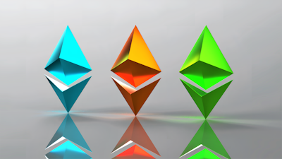 Three three-dimensional geometric shapes resembling Ethereum logos, each in different colors, are aligned horizontally. The shapes have reflections on the glossy surface below them, and the background is a smooth gradient with a subtle gray tone.