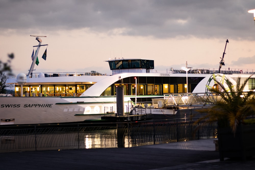 a large white boat with windows