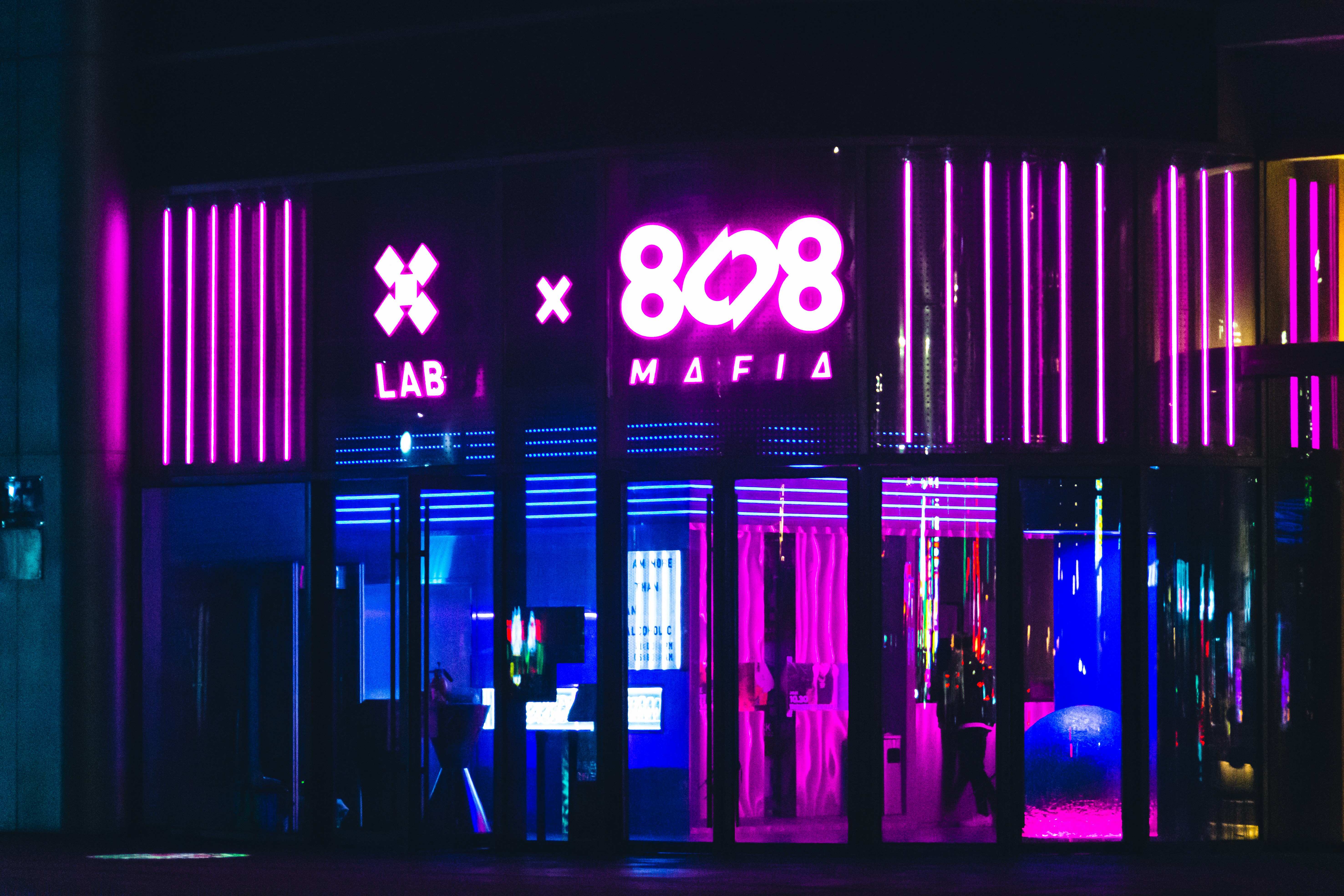 a building with neon signs