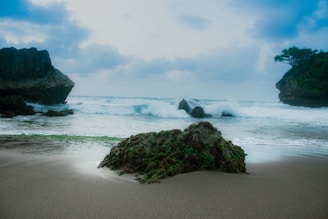 a beach with rocks and waves