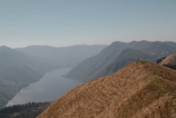 A lone traveler standing atop a hill, gazing out over a sweeping valley dotted with wildflowers.