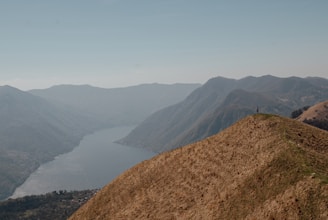 A lone traveler standing atop a hill, gazing out over a sweeping valley dotted with wildflowers.