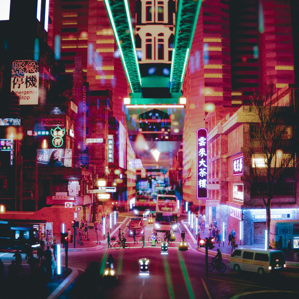 a city street with neon signs