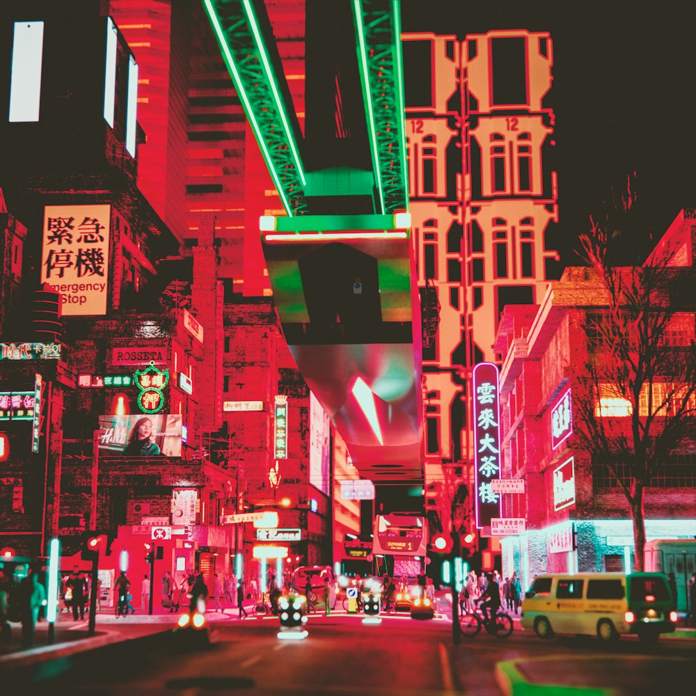 a city street with neon signs