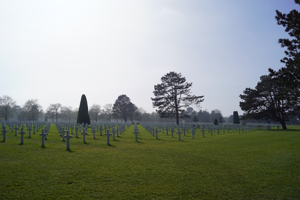 a cemetery with many gravestones