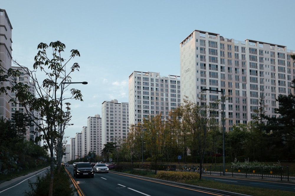 uma rua com carros e árvores por edifícios
