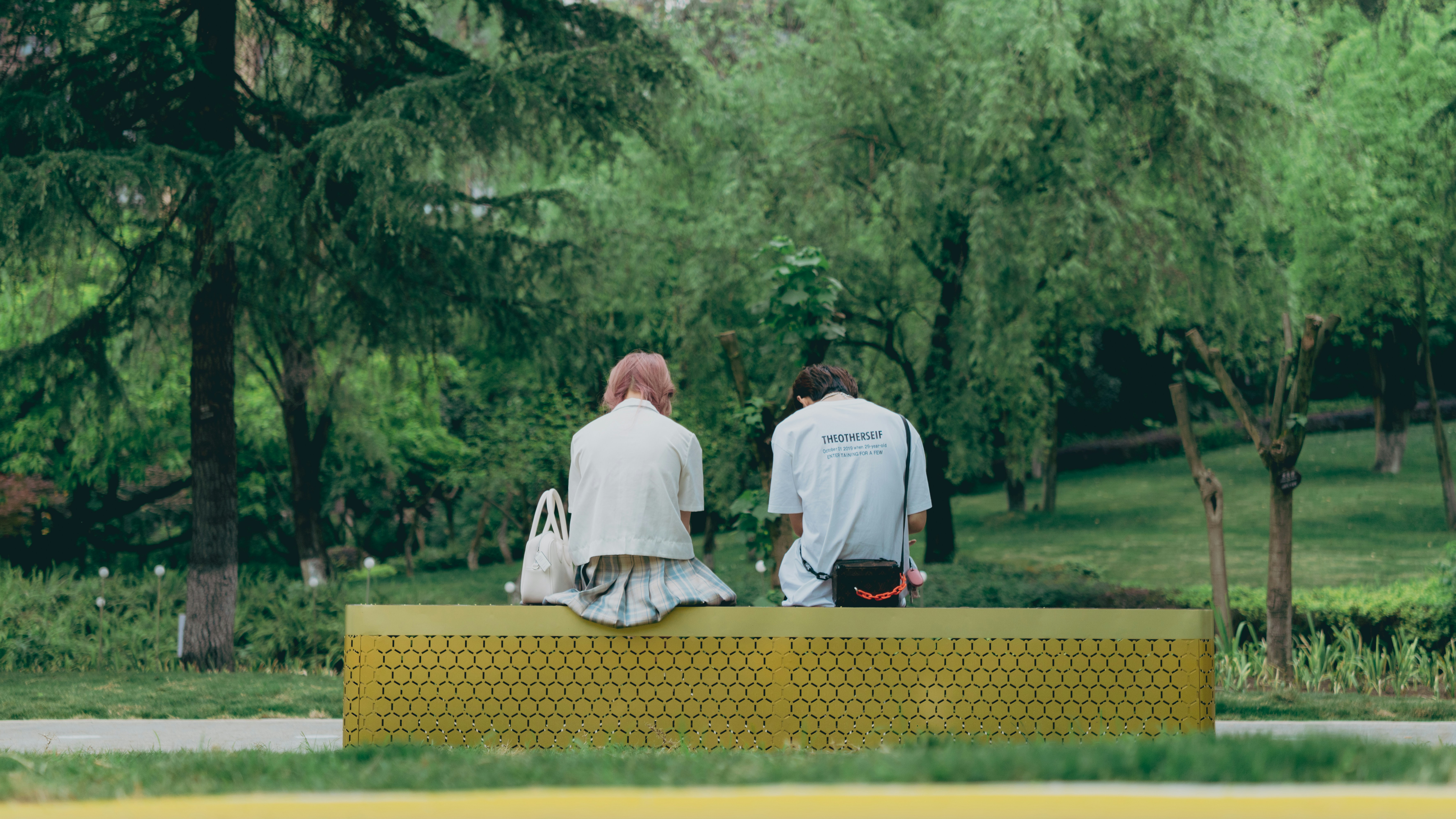 a couple of people stand on a bench
