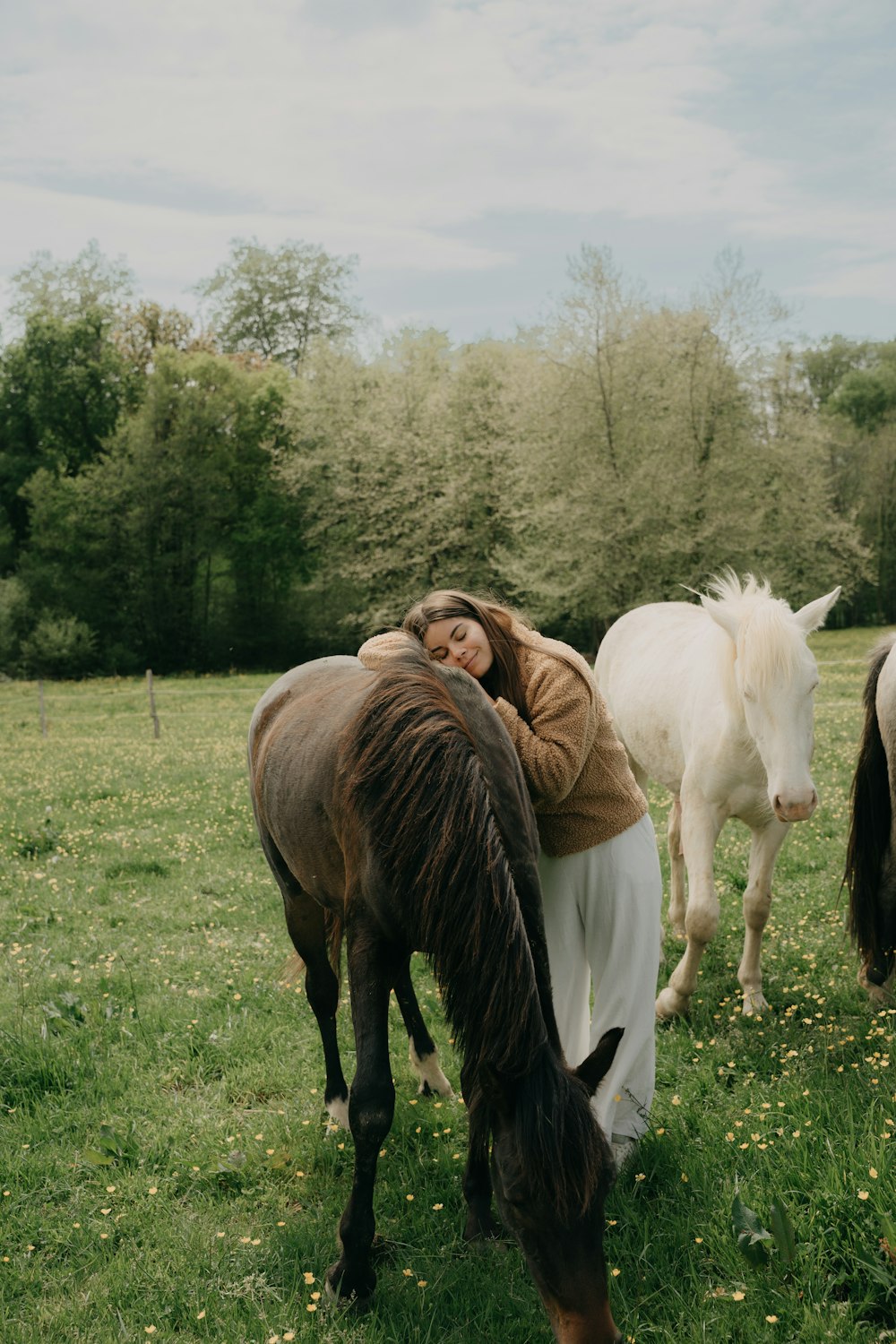 a person standing next to a couple of horses