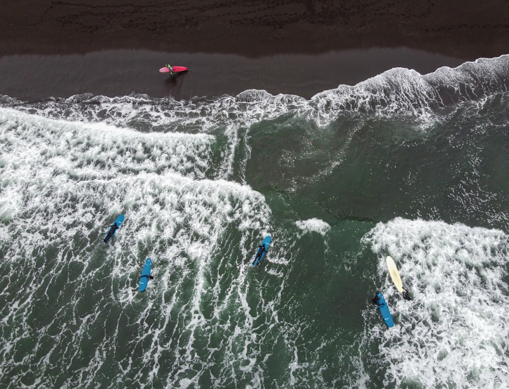 a group of people surfing in a river