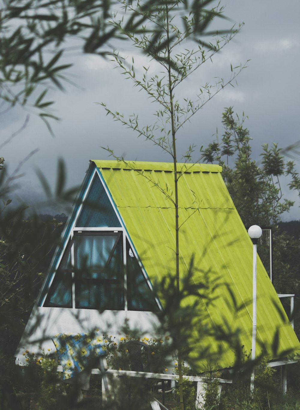 a yellow and blue tent