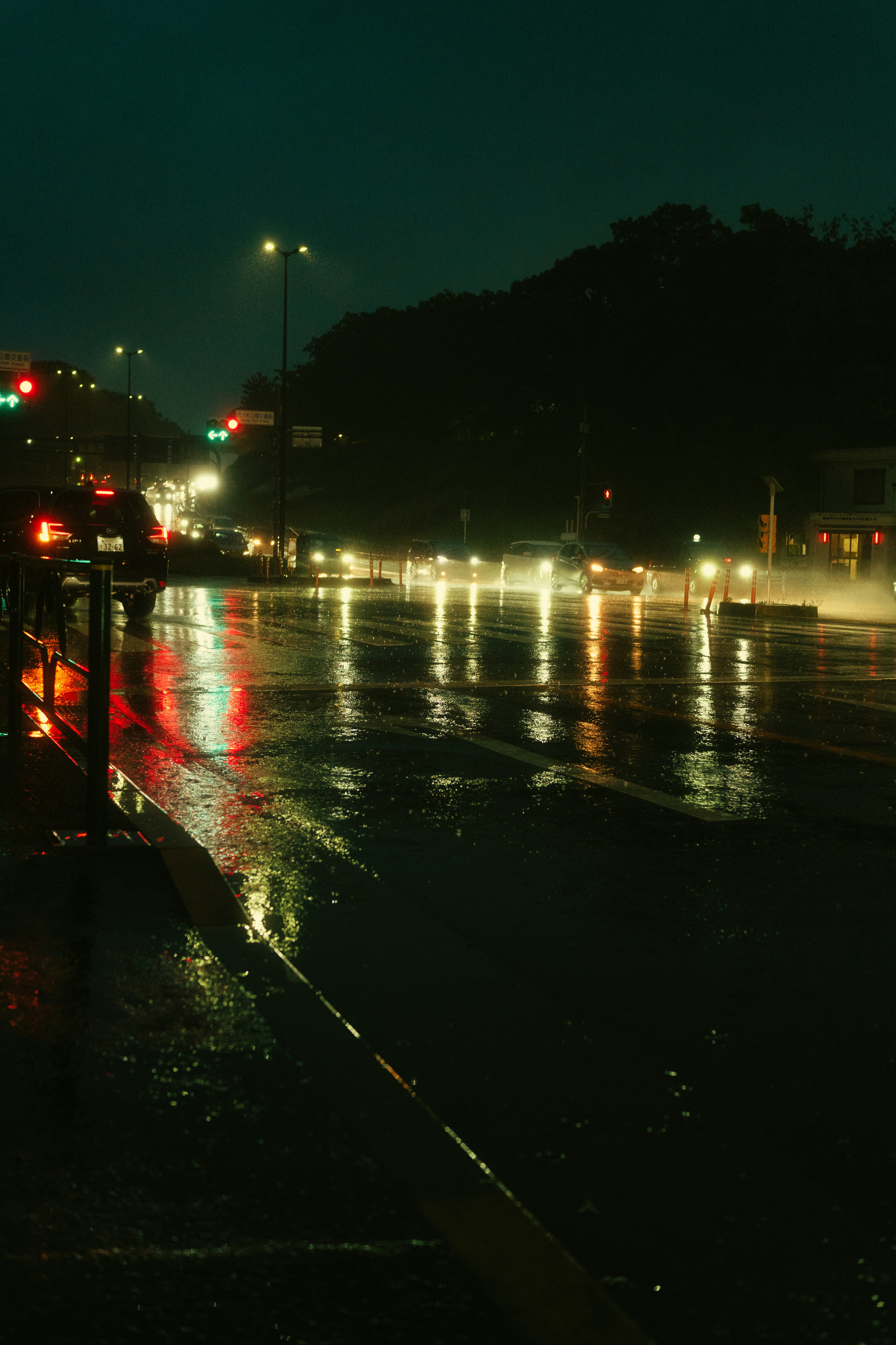 a wet street at night