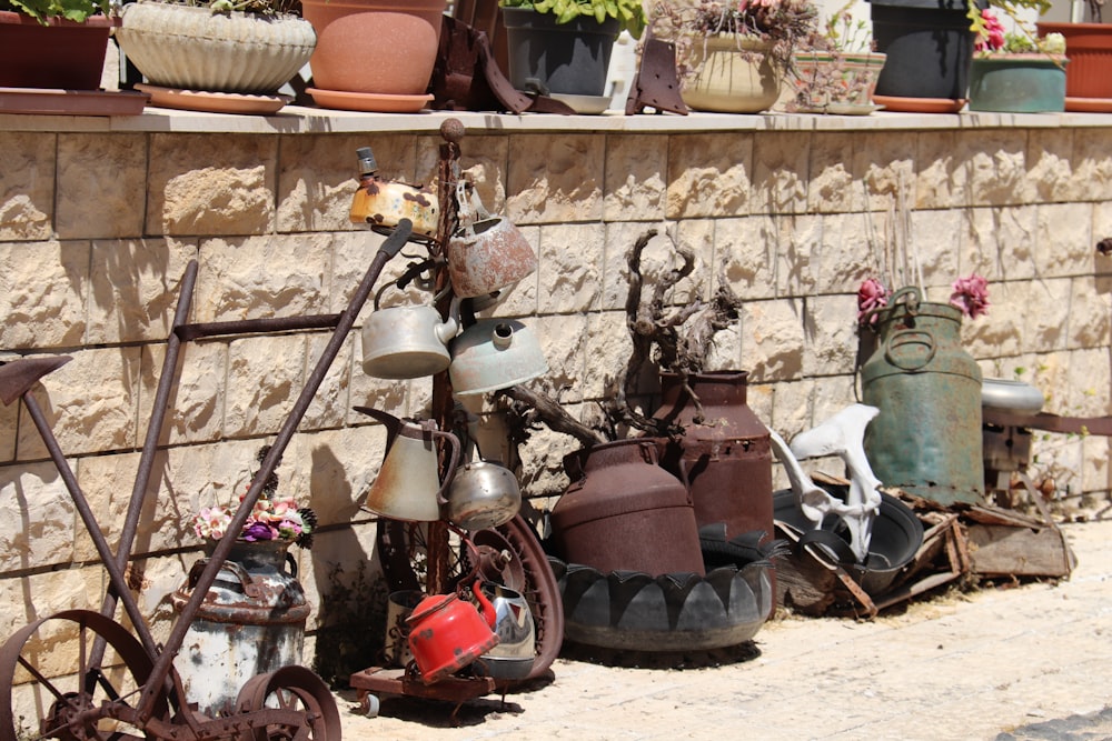a group of old pots and pots