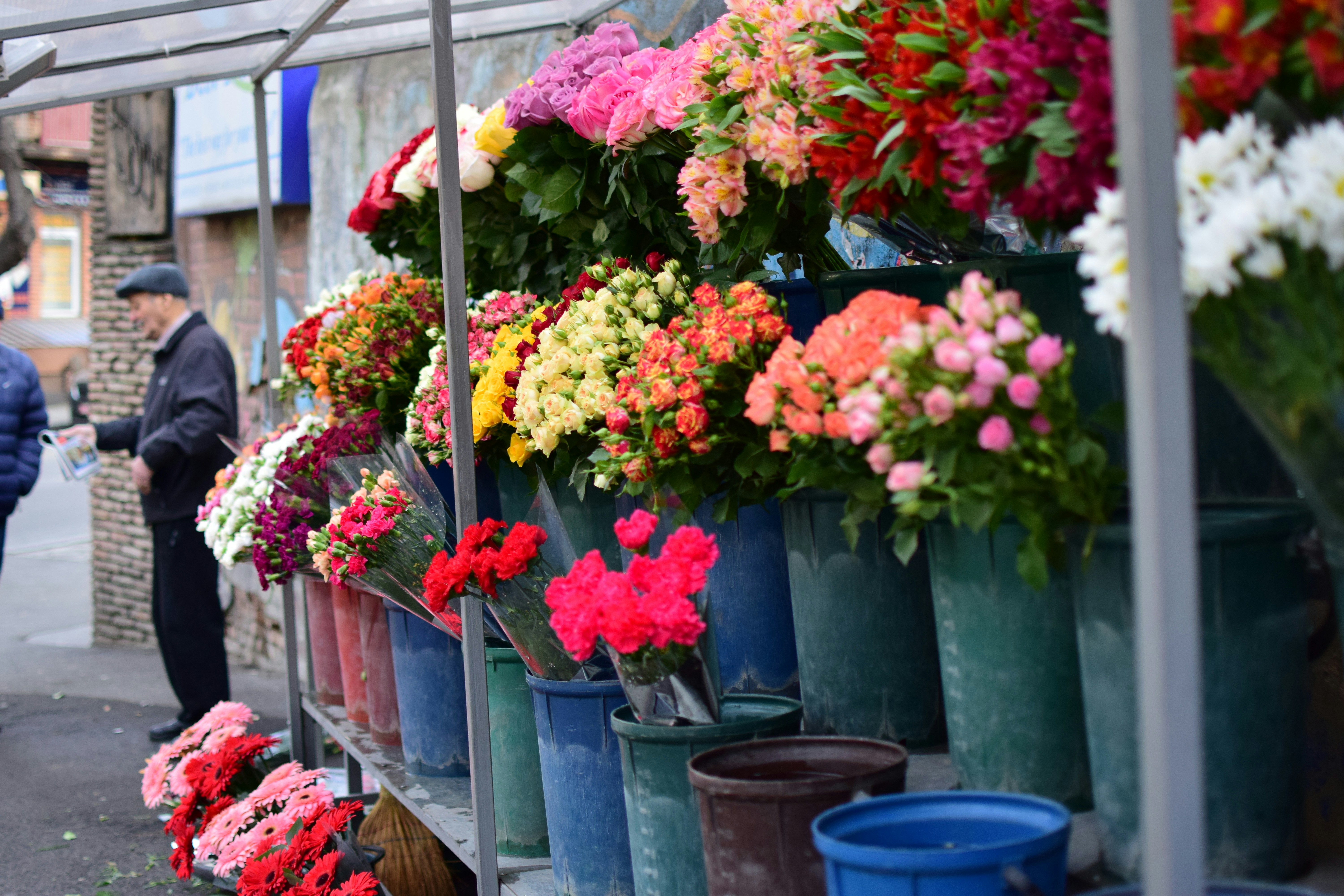 a group of flowers in buckets