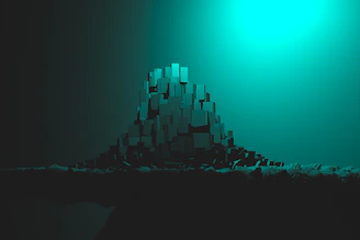 A cluster of bright yellow stars made of light particles hovering near abstract blue building blocks.