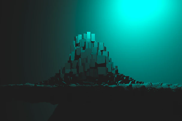 A cluster of bright yellow stars made of light particles hovering near abstract blue building blocks.