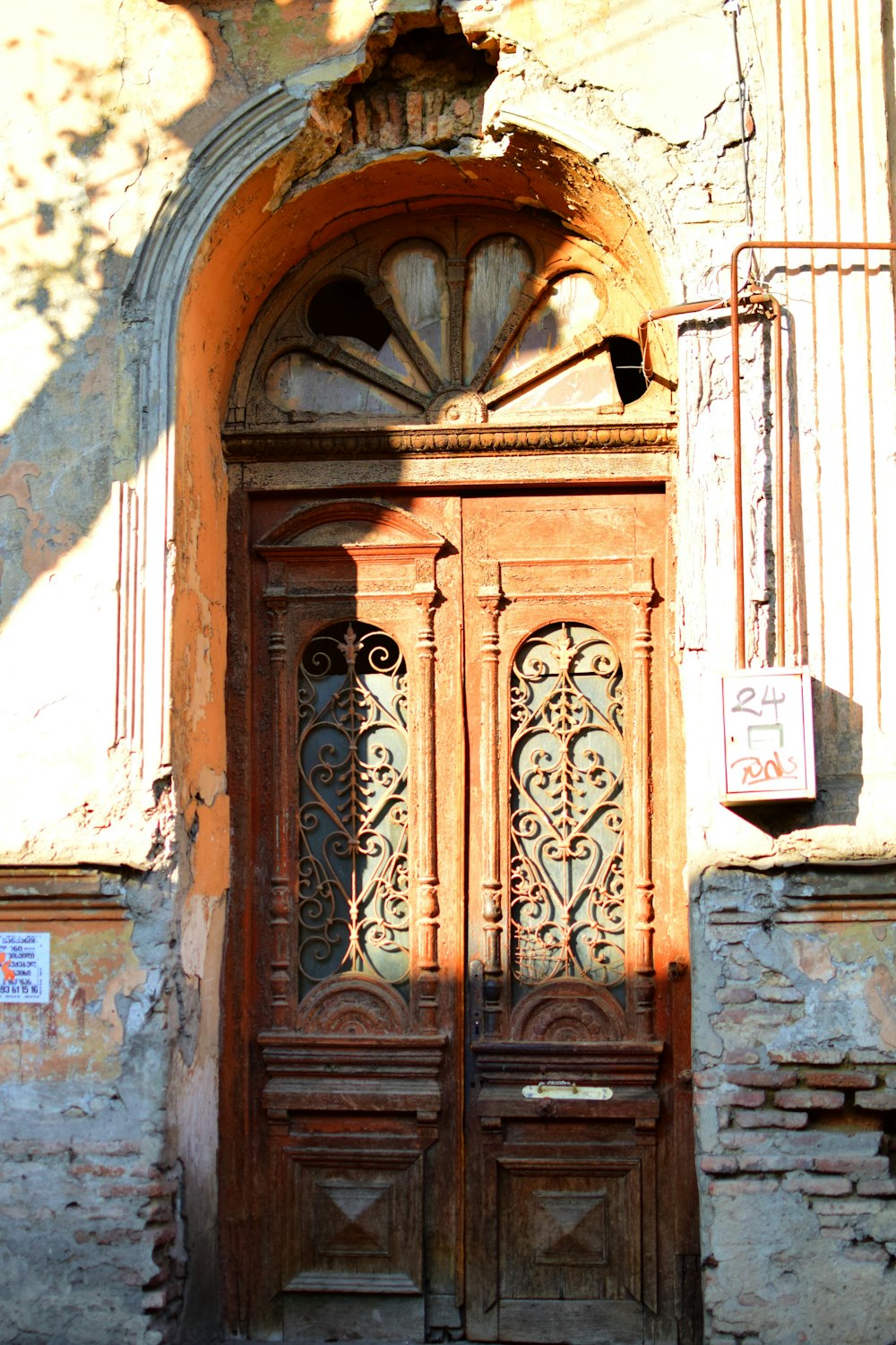 a wooden door with a window