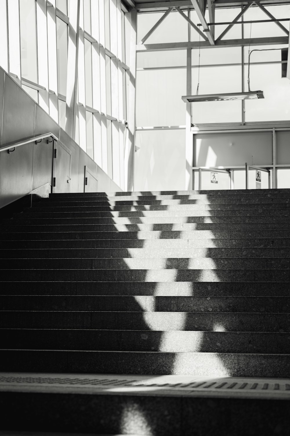 a staircase with a tile floor