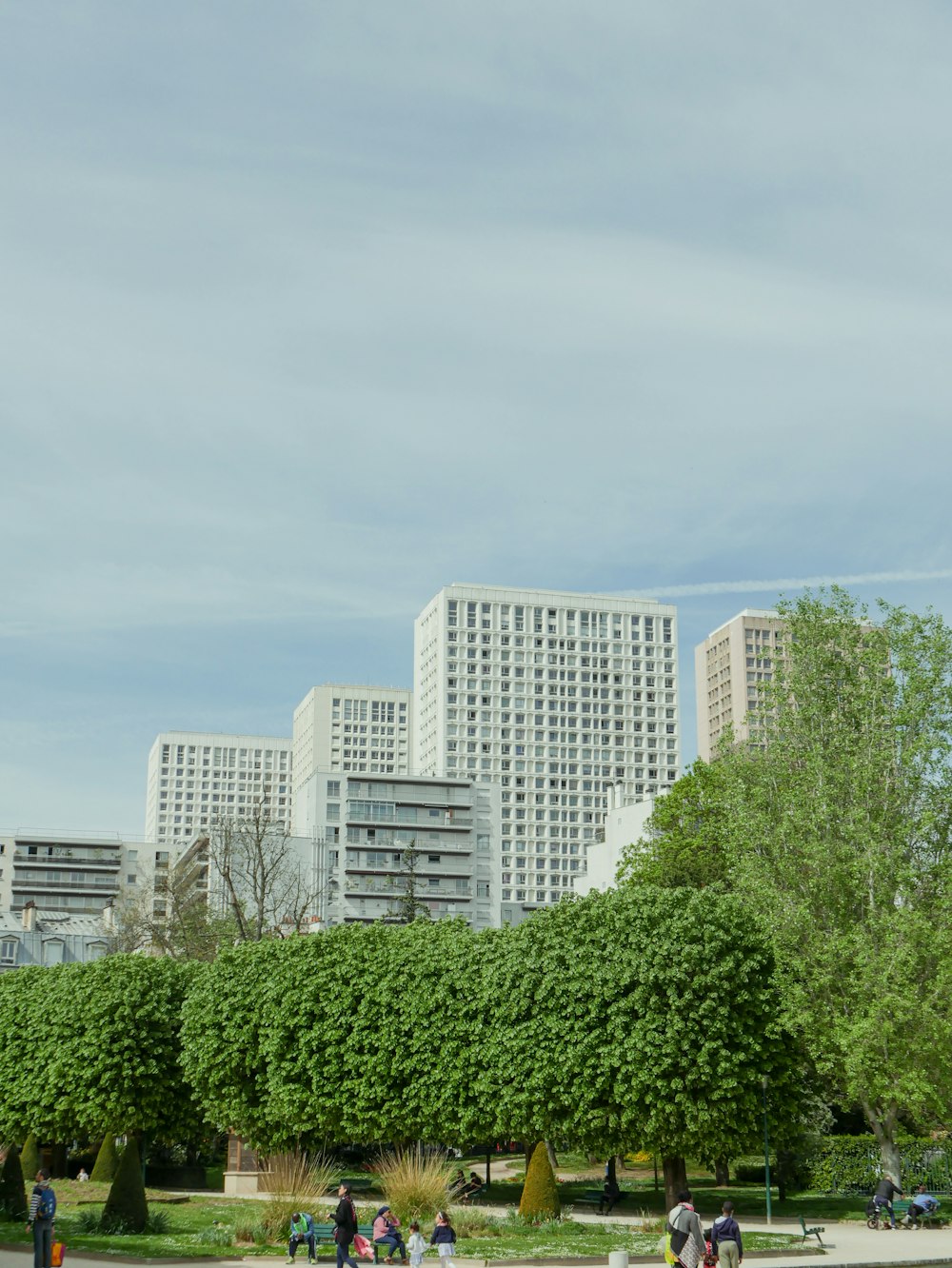 a group of people walking around a park with trees and buildings in the background