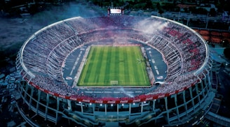 a stadium with a green field