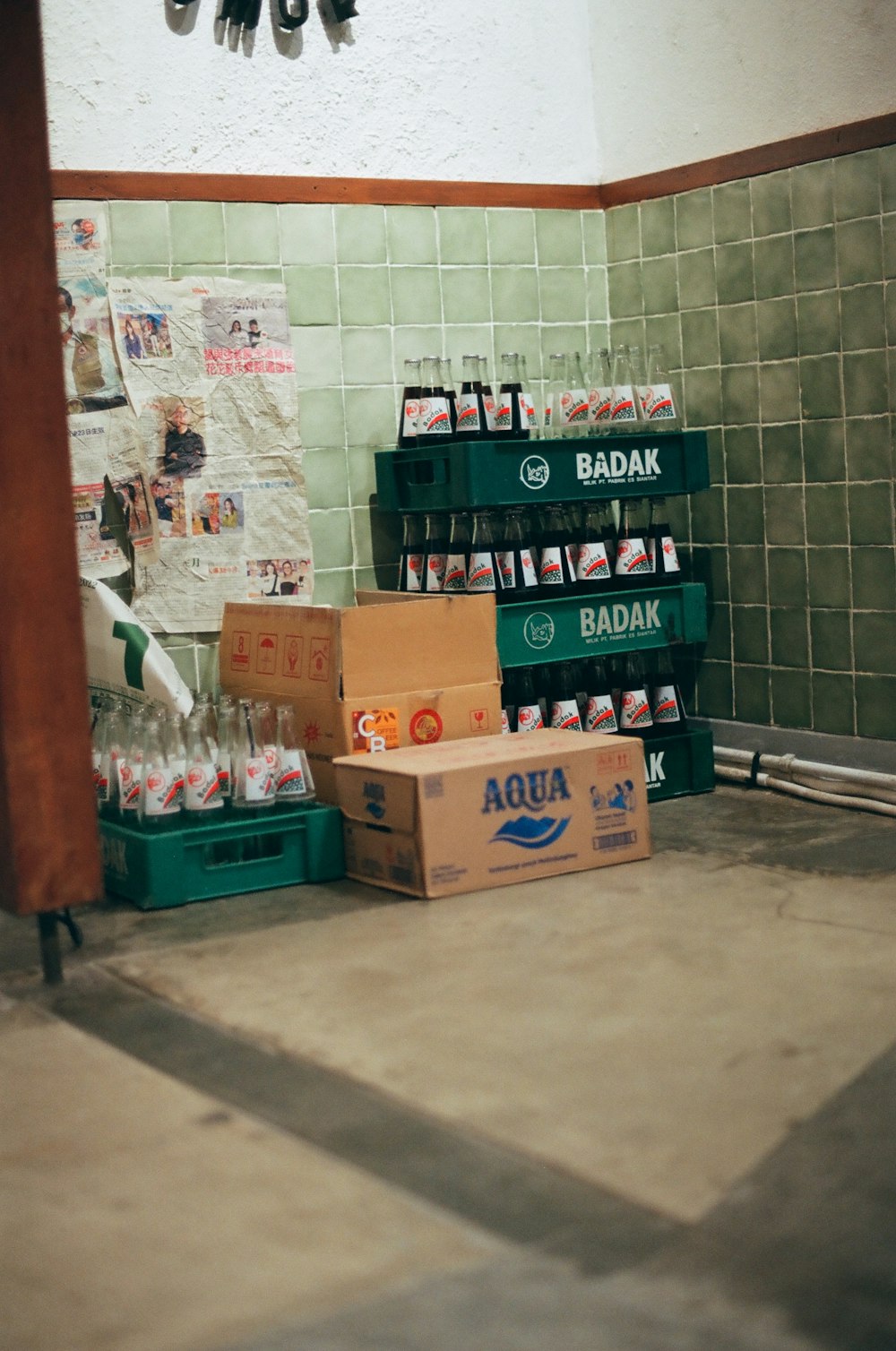 a room with boxes and bottles