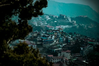 A densely built township nestled on a hillside, with numerous multi-story buildings and houses creating a complex and vibrant architectural pattern. The natural landscape features a backdrop of hazy mountains, suggesting a location at higher altitude. Foreground elements include silhouettes of tree branches that frame the scene.