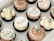 A selection of artisanal cupcakes arranged in a grid pattern within a white box. Each cupcake features different frosting styles and is adorned with colorful sprinkles or ornate inscriptions on fondant discs.
