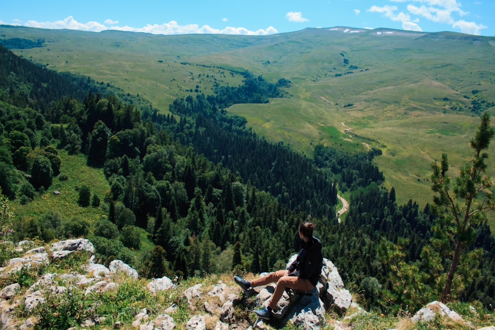 a man sitting on a rock overlooking a valley with trees and mountains