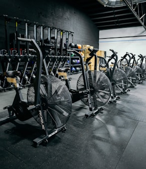 a group of bicycles in a garage